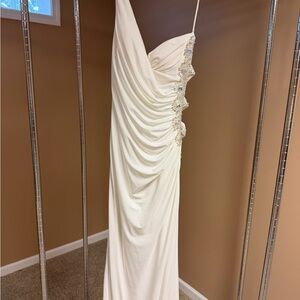 Ivory Ruched One-Shoulder Evening Gown with Beaded Detail